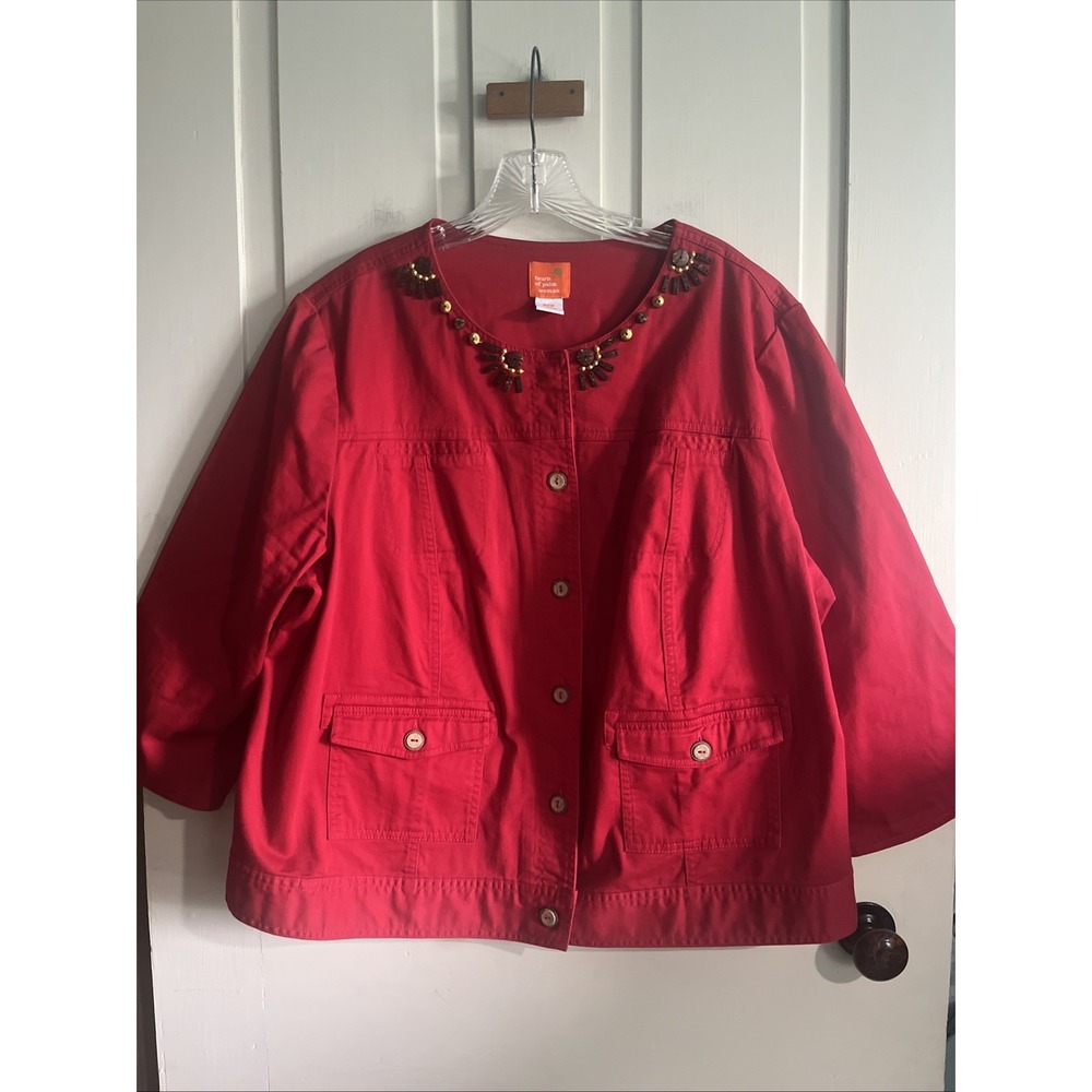 Hearts Of Palm 20W Red Cotton Jacket 3/4 Sleeve Beaded Shacket Plus Layering